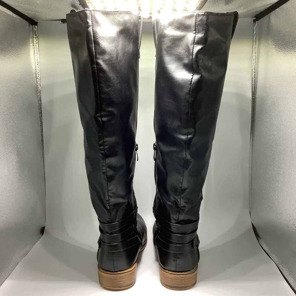 Women's Harness Pull Tabs Riding Boots Black Knee High 8.5‎